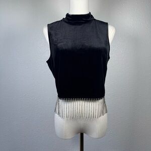 Skies Are Blue Black Velvet Rhinestone Fringe Crop Top Mock Neck Western Glam S